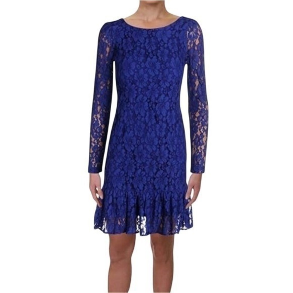 Calvin Klein Cobalt Blue Lace Dress Long Sleeve Ruffle Party Cocktail Evening 10
